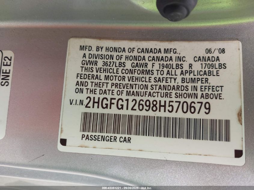 2008 Honda Civic Lx VIN: 2HGFG12698H570679 Lot: 43351221