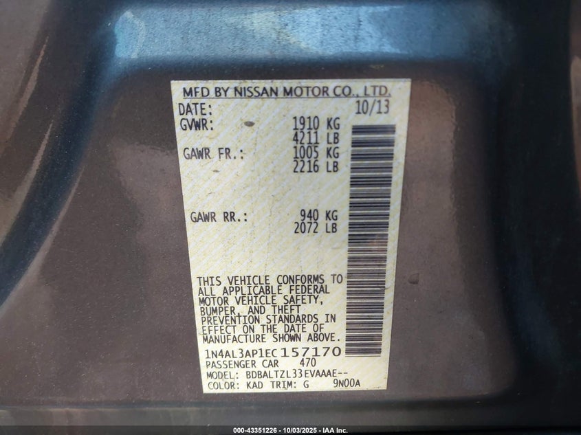 2014 Nissan Altima 2.5 Sv VIN: 1N4AL3AP1EC157170 Lot: 43351226