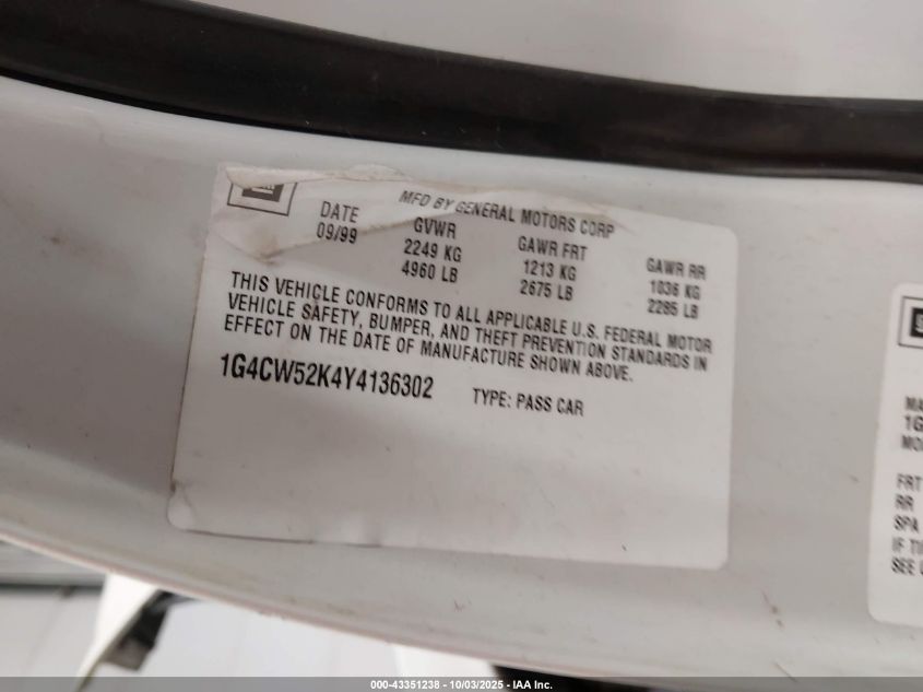 2000 Buick Park Avenue VIN: 1G4CW52K4Y4136302 Lot: 43351238