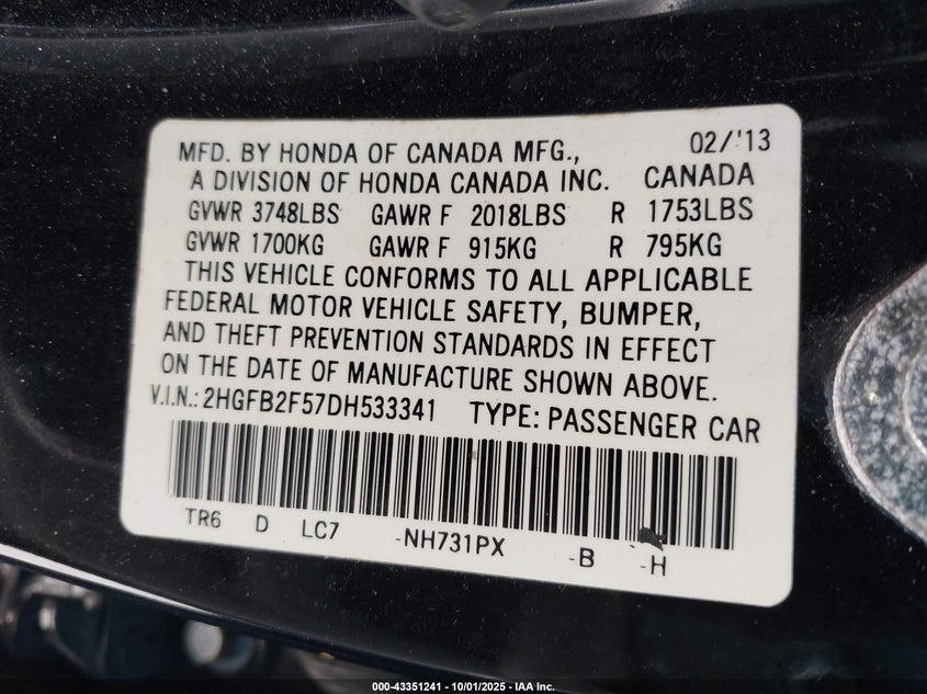 2013 HONDA CIVIC LX 2HGFB2F57DH533341