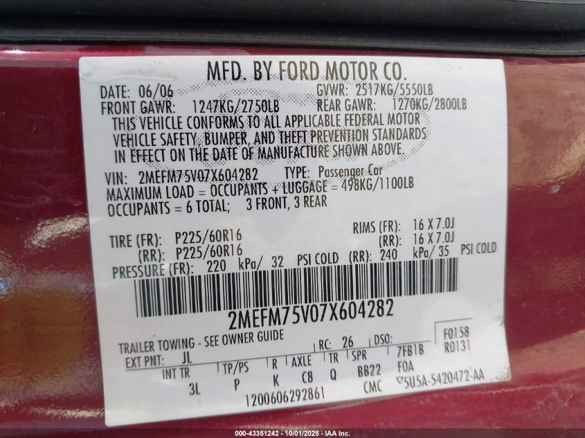 2007 Mercury Grand Marquis Ls VIN: 2MEFM75V07X604282 Lot: 43351242