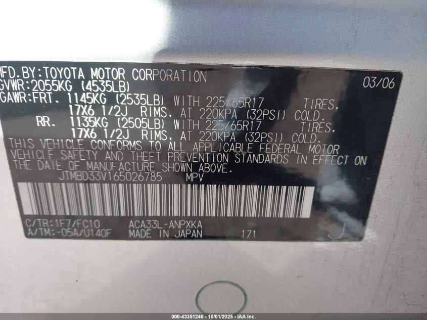 2006 Toyota Rav4 VIN: JTMBD33V165026785 Lot: 43351246