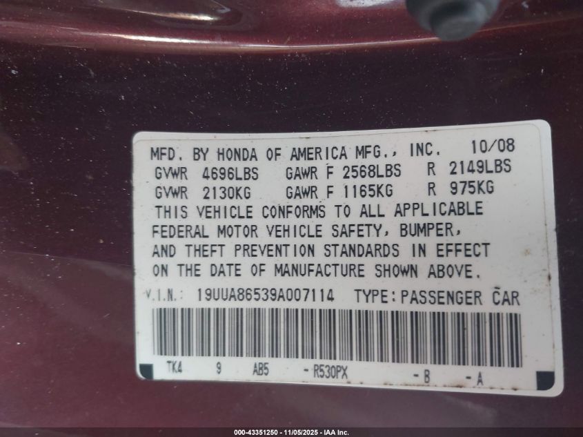 2009 Acura Tl 3.5 VIN: 19UUA86539A007114 Lot: 43351250
