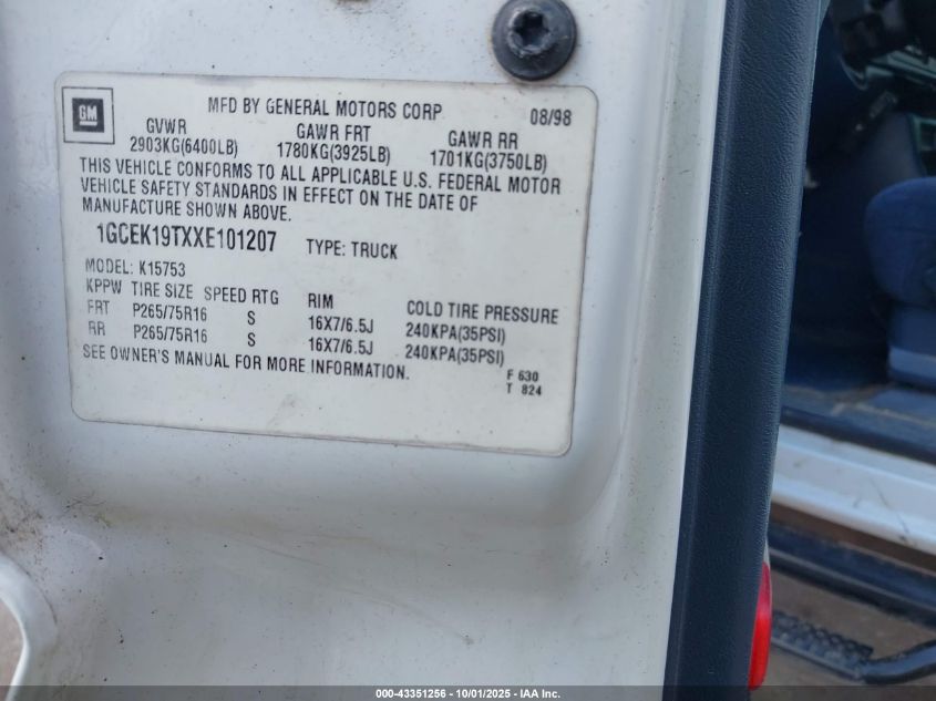 1999 Chevrolet Silverado 1500 Ls VIN: 1GCEK19TXXE101207 Lot: 43351256