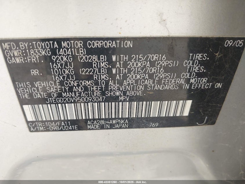 2005 Toyota Rav4 VIN: JTEGD20V950093047 Lot: 43351260