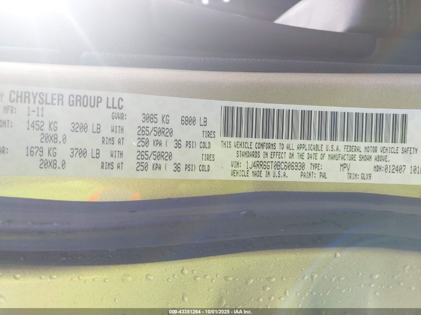 2011 Jeep Grand Cherokee Overland VIN: 1J4RR6GT0BC606930 Lot: 43351264