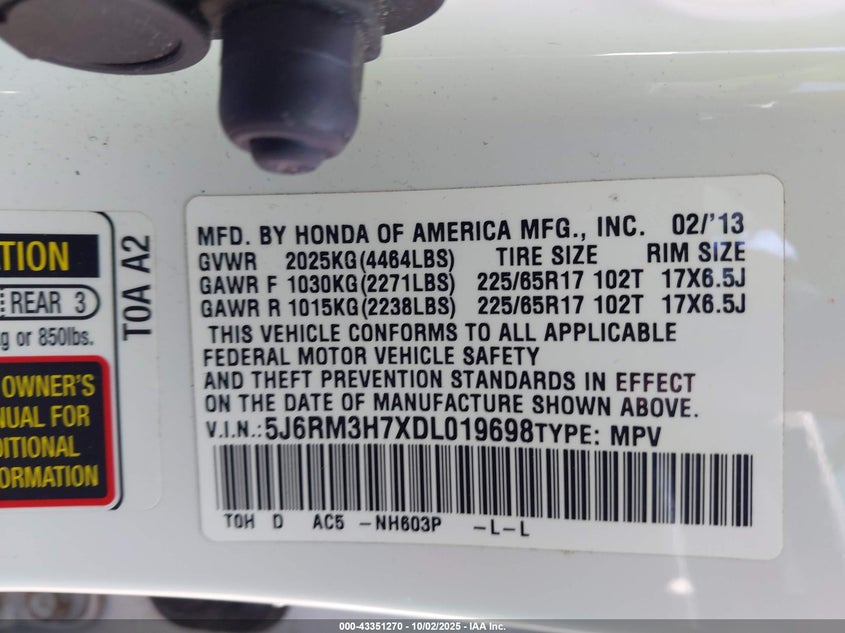 2013 HONDA CR-V EX-L - 5J6RM3H7XDL019698