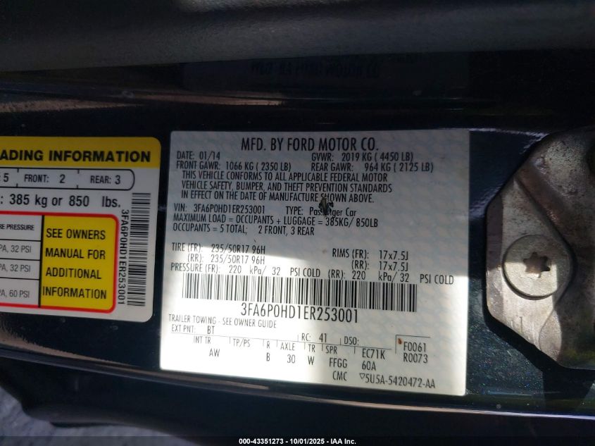 2014 Ford Fusion Se VIN: 3FA6P0HD1ER253001 Lot: 43351273