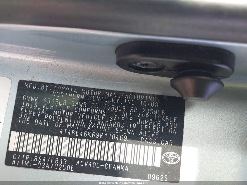 2009 Toyota Camry Le VIN: 4T4BE46K69R110469 Lot: 43351278