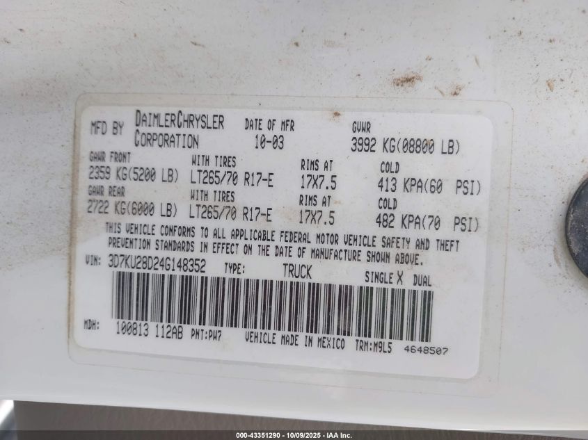 2004 Dodge Ram 2500 Slt/Laramie VIN: 3D7KU28D24G148352 Lot: 43351290