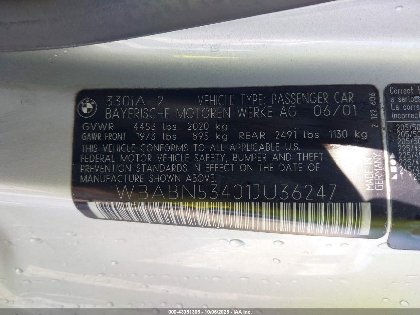 2001 BMW 330Ci VIN: WBABN53401JU36247 Lot: 43351305