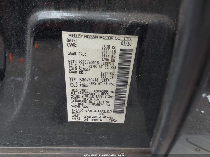 2010 Nissan Frontier Le VIN: 1N6AD0EV2AC418182 Lot: 43351311