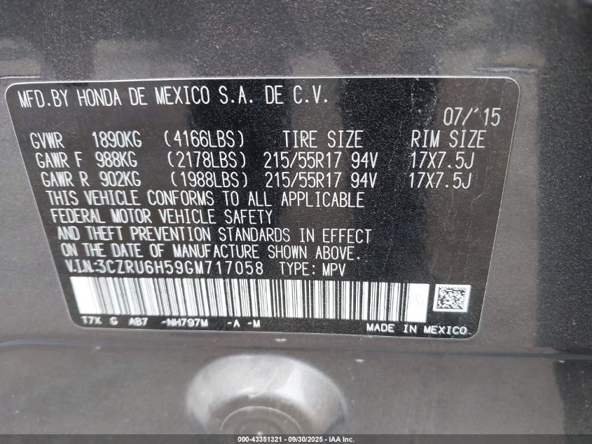 2016 Honda Hr-V Ex VIN: 3CZRU6H59GM717058 Lot: 43351321