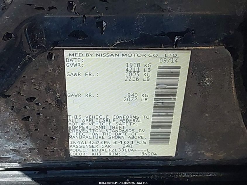 2015 Nissan Altima 2.5 Sl VIN: 1N4AL3AP3FN340155 Lot: 43351341