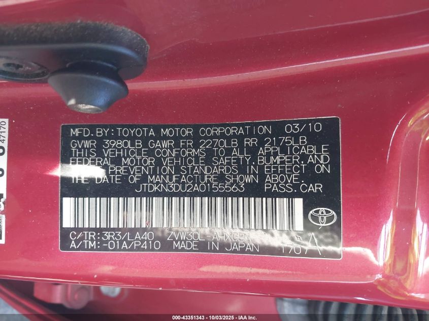 2010 Toyota Prius Iv VIN: JTDKN3DU2A0155563 Lot: 43351343