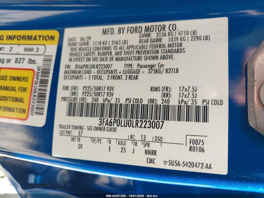 2020 Ford Fusion Hybrid Se VIN: 3FA6P0LU0LR223007 Lot: 43351350