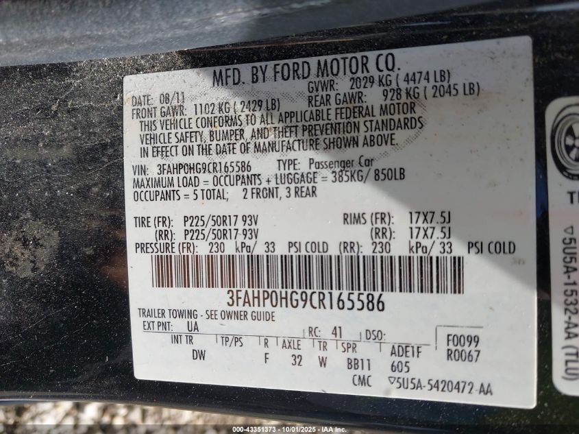 2012 Ford Fusion Se VIN: 3FAHP0HG9CR165586 Lot: 43351373