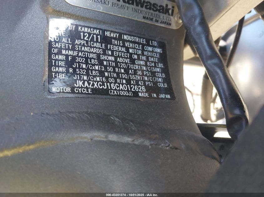 2012 Kawasaki Zx1000 J VIN: JKAZXCJ16CA012626 Lot: 43351374