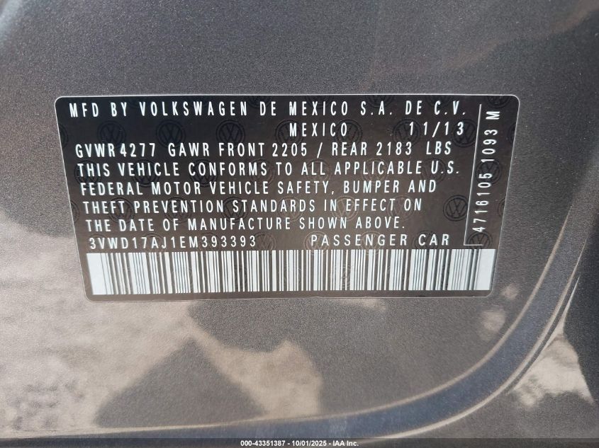 2014 Volkswagen Jetta 1.8T Se VIN: 3VWD17AJ1EM393393 Lot: 43351387