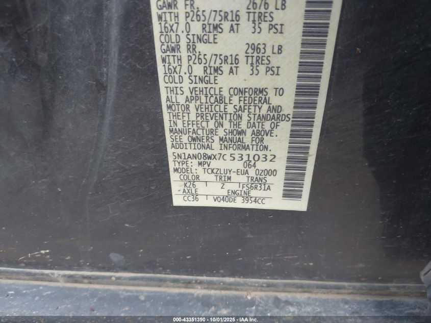 2007 Nissan Xterra Off Road VIN: 5N1AN08WX7C531032 Lot: 43351390