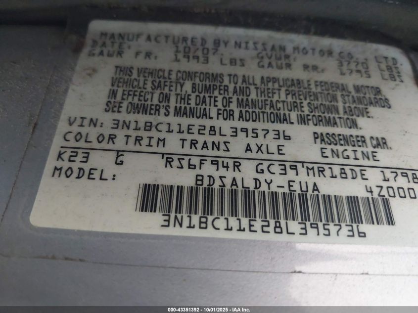 2008 Nissan Versa 1.8S VIN: 3N1BC11E28L395736 Lot: 43351392