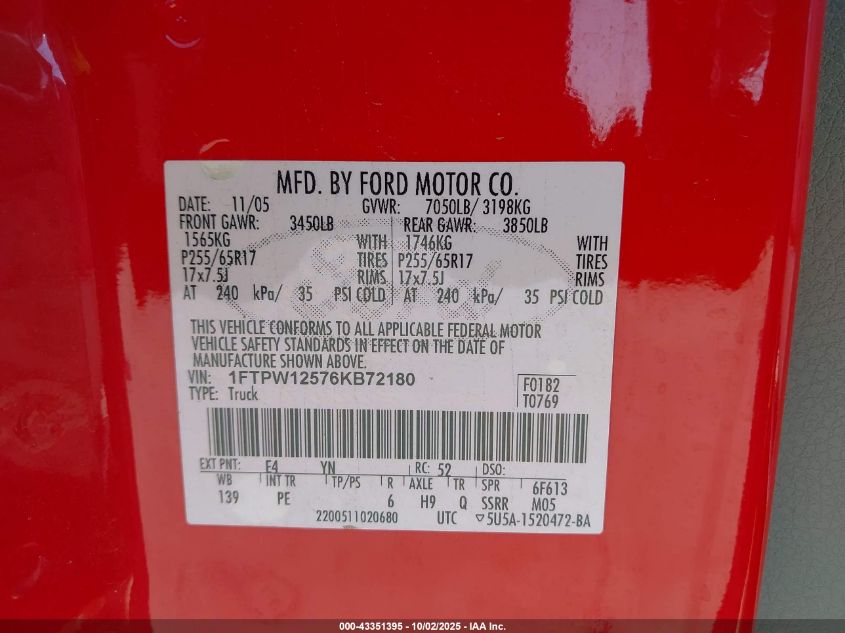 2006 Ford F-150 Lariat/Xlt VIN: 1FTPW12576KB72180 Lot: 43351395