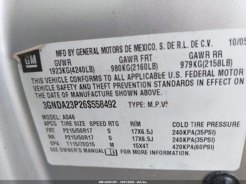 2006 Chevrolet Hhr Lt VIN: 3GNDA23P26S558492 Lot: 43351397