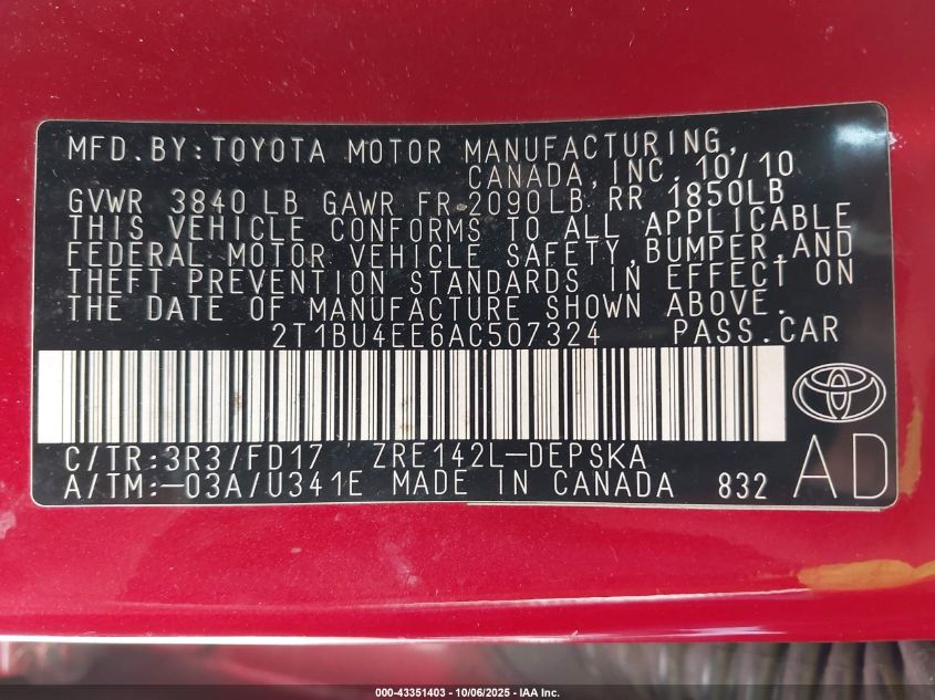 2010 Toyota Corolla S VIN: 2T1BU4EE6AC507324 Lot: 43351403