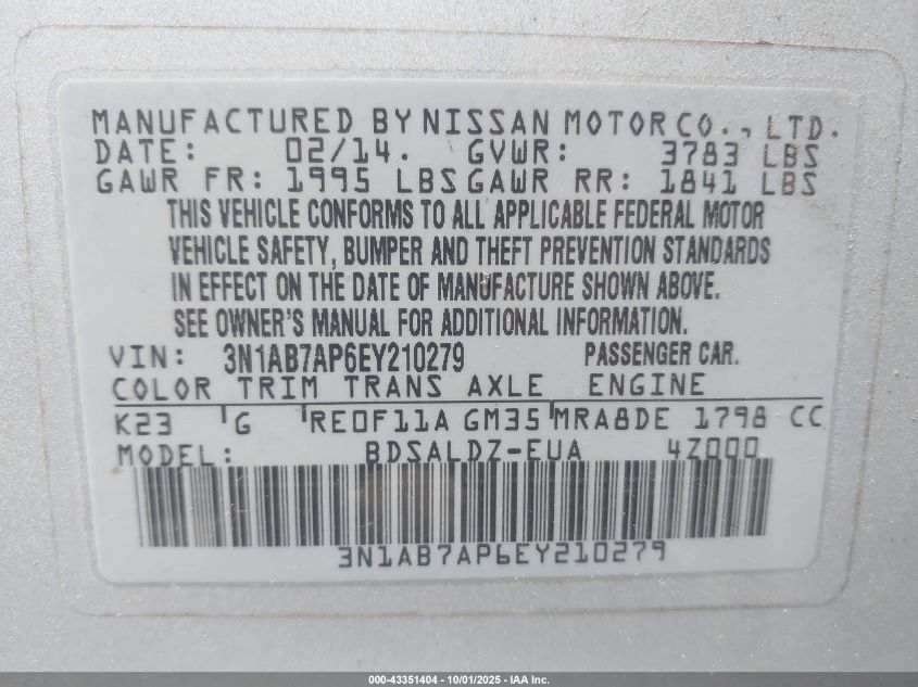 2014 Nissan Sentra Sv VIN: 3N1AB7AP6EY210279 Lot: 43351404