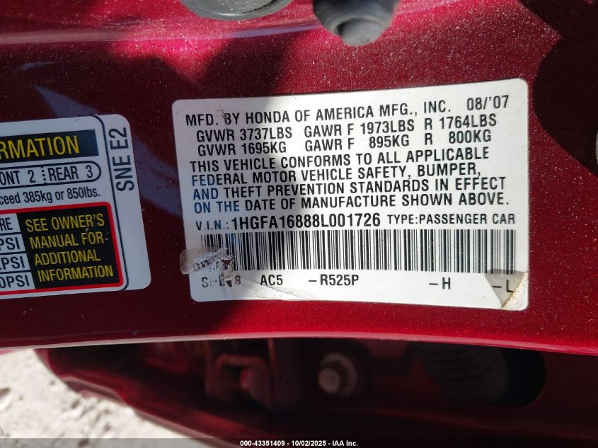 2008 Honda Civic Ex VIN: 1HGFA16888L001726 Lot: 43351409