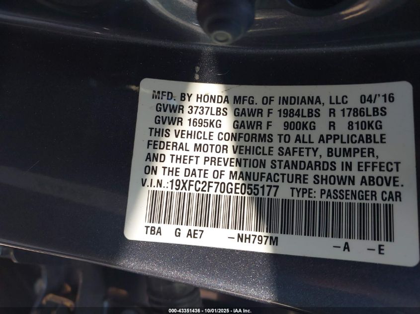 2016 Honda Civic Ex VIN: 19XFC2F70GE055177 Lot: 43351436