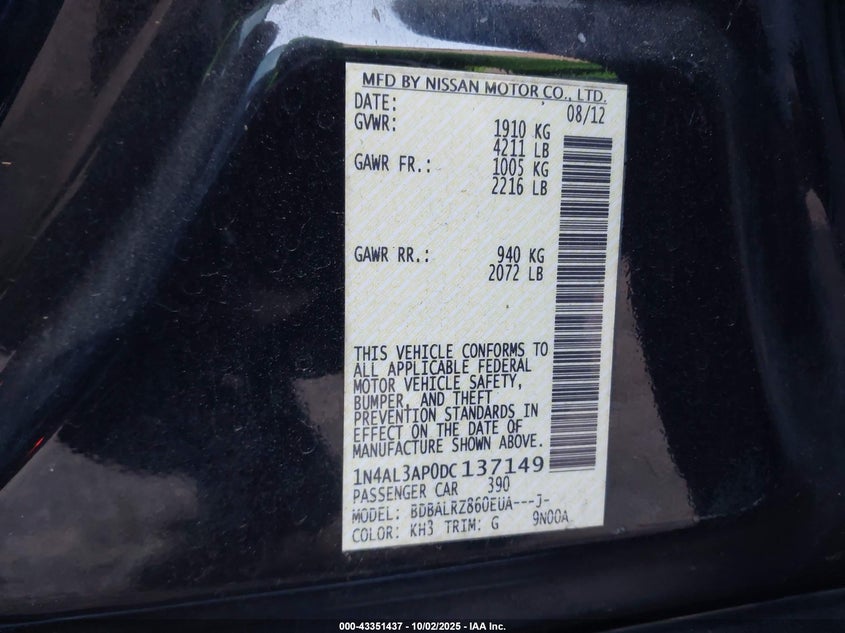 2013 Nissan Altima 2.5 S VIN: 1N4AL3AP0DC137149 Lot: 43351437