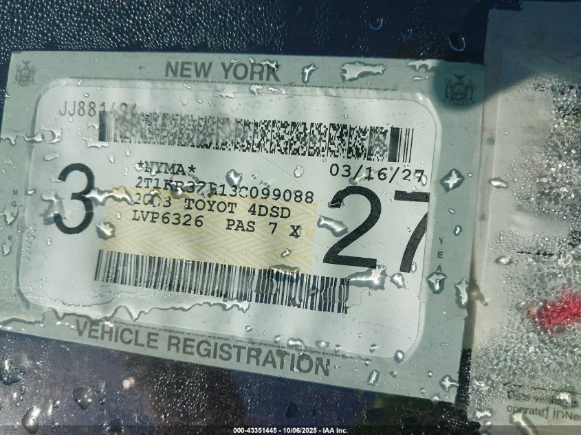 2003 Toyota Matrix Xr VIN: 2T1KR32E13C099088 Lot: 43351445