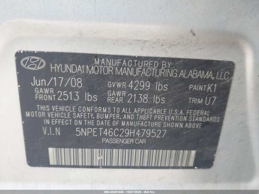 2009 Hyundai Sonata Gls VIN: 5NPET46C29H479527 Lot: 43351448