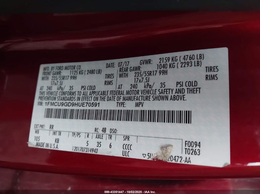 2017 Ford Escape Se VIN: 1FMCU9GD9HUE70591 Lot: 43351447