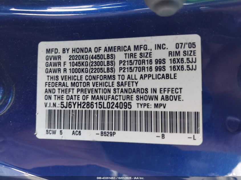 2005 Honda Element Ex VIN: 5J6YH28615L024095 Lot: 43351452