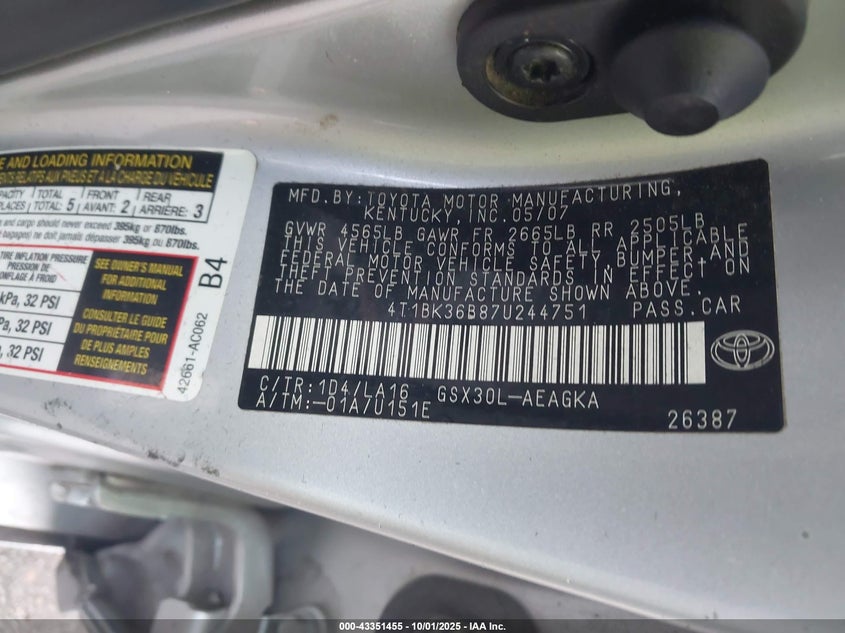 2007 Toyota Avalon Xls VIN: 4T1BK36B87U244751 Lot: 43351455