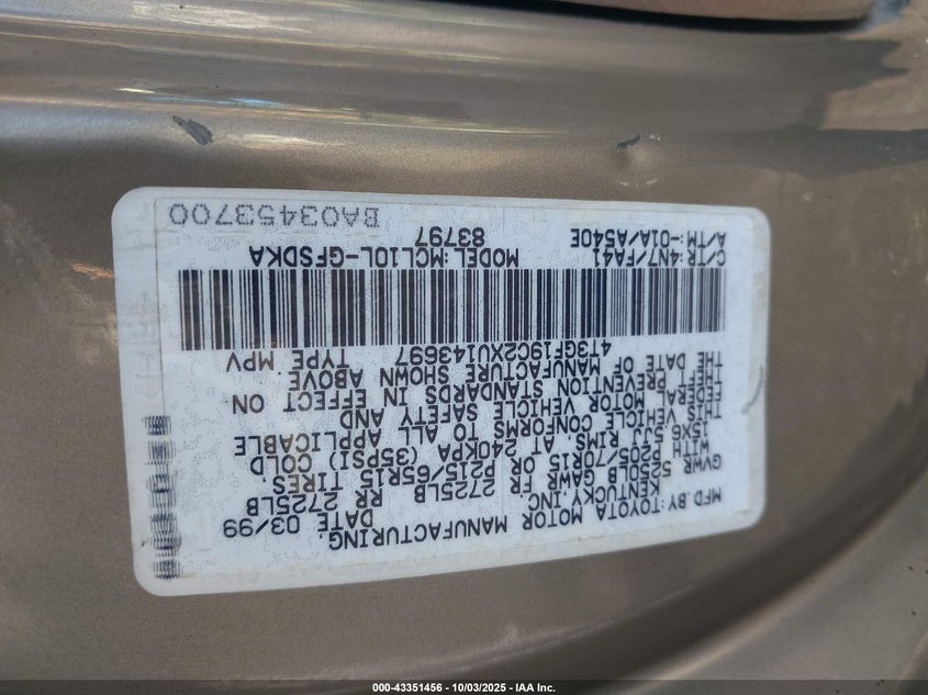 1999 Toyota Sienna Ce VIN: 4T3GF19C2XU143697 Lot: 43351456