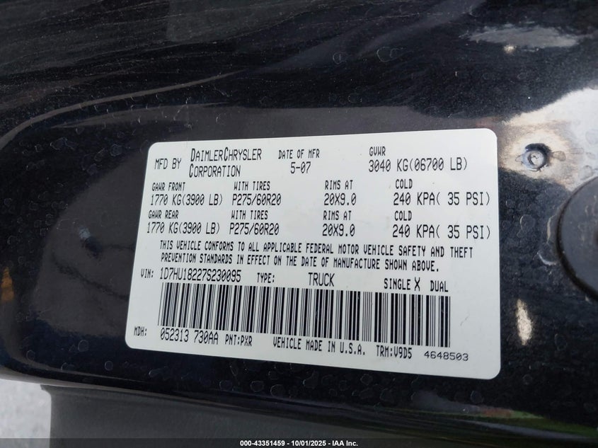 2007 Dodge Ram 1500 Slt/Trx4 Off Road/Sport VIN: 1D7HU18227S230095 Lot: 43351459