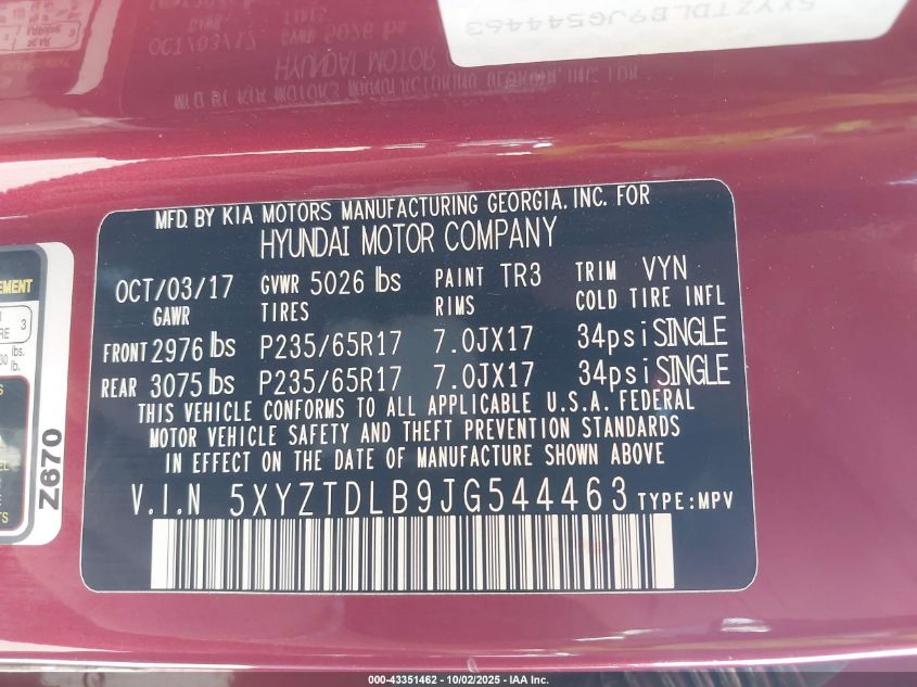 2018 HYUNDAI SANTA FE SPORT 2.4L 5XYZTDLB9JG544463