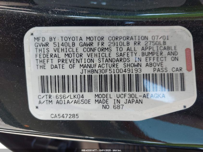 2001 Lexus Ls 430 VIN: JTHBN30F510049193 Lot: 43351477