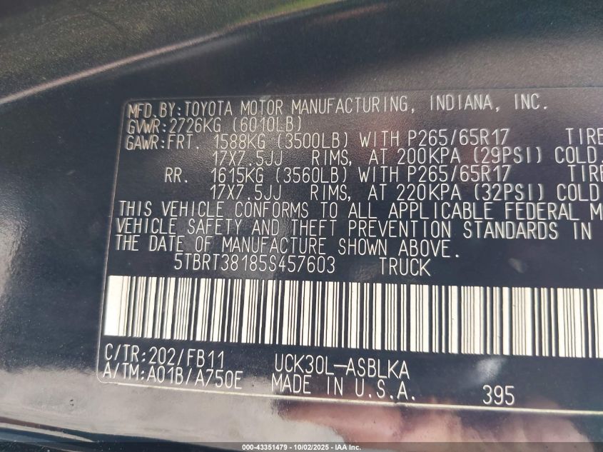2005 Toyota Tundra Limited V8 VIN: 5TBRT38185S457603 Lot: 43351479