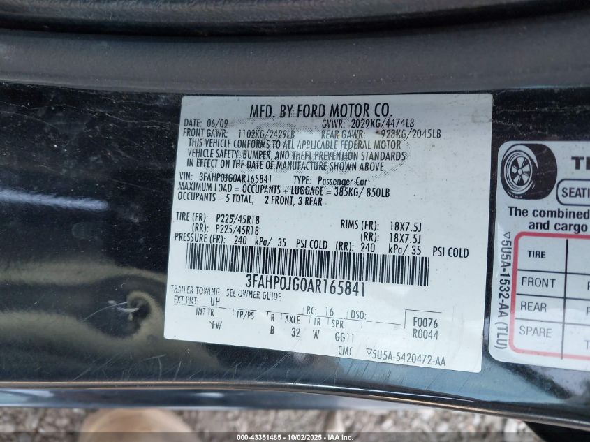 2010 Ford Fusion Sel VIN: 3FAHP0JG0AR165841 Lot: 43351485