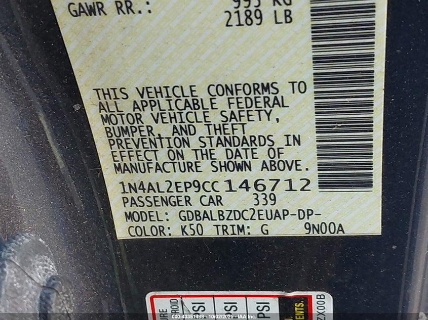 2012 Nissan Altima 2.5 S VIN: 1N4AL2EP9CC146712 Lot: 43351488