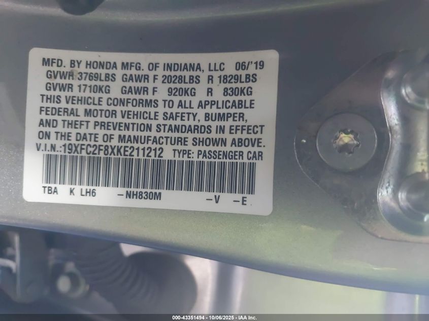 2019 Honda Civic Sport VIN: 19XFC2F8XKE211212 Lot: 43351494