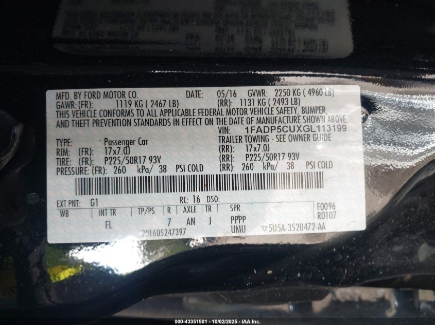 2016 Ford C-Max Energi Sel VIN: 1FADP5CUXGL113199 Lot: 43351501