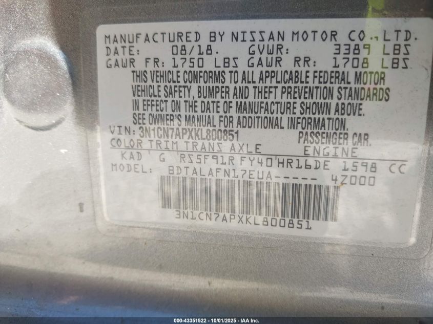 2019 Nissan Versa 1.6 S VIN: 3N1CN7APXKL800851 Lot: 43351522