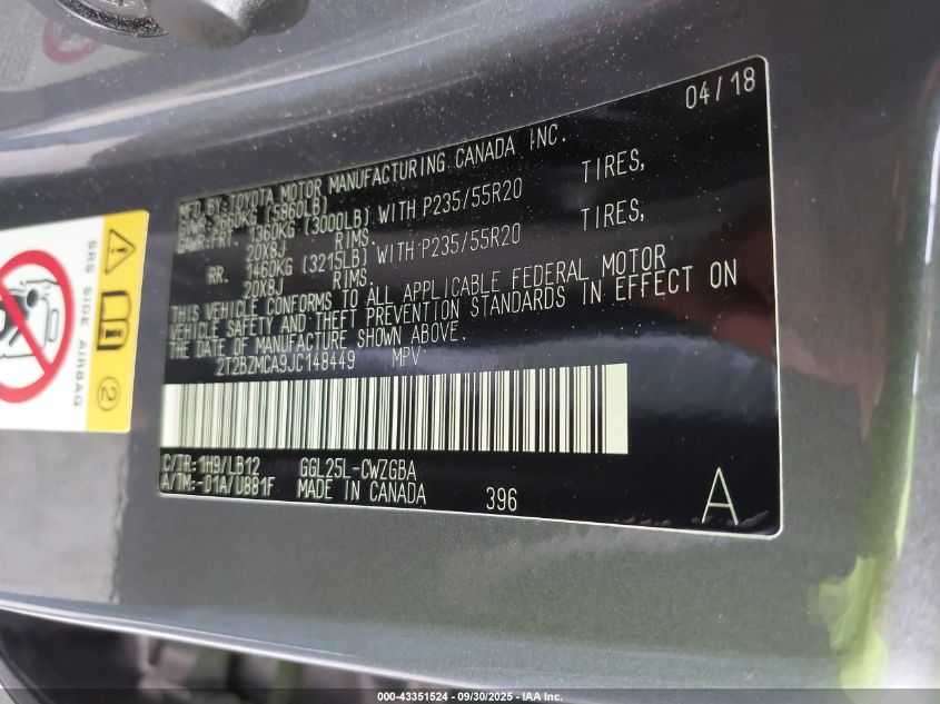 2018 Lexus Rx 350 VIN: 2T2BZMCA9JC148449 Lot: 43351524