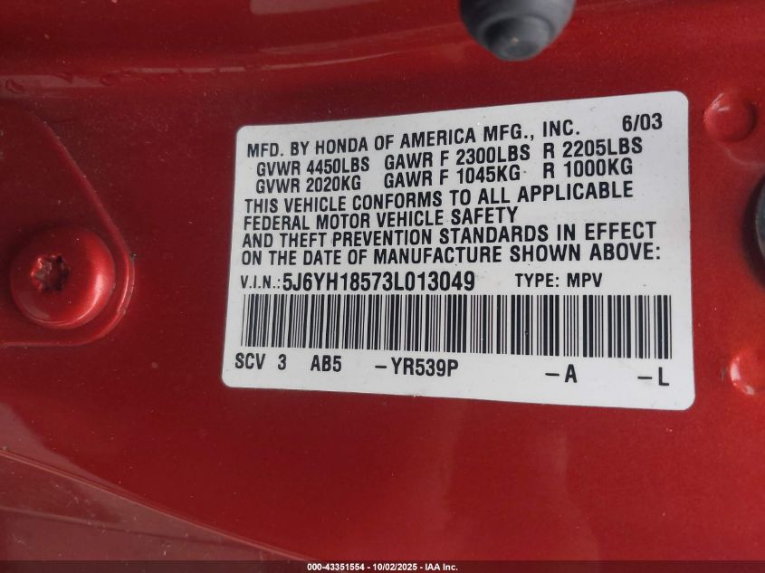 2003 Honda Element Ex VIN: 5J6YH18573L013049 Lot: 43351554