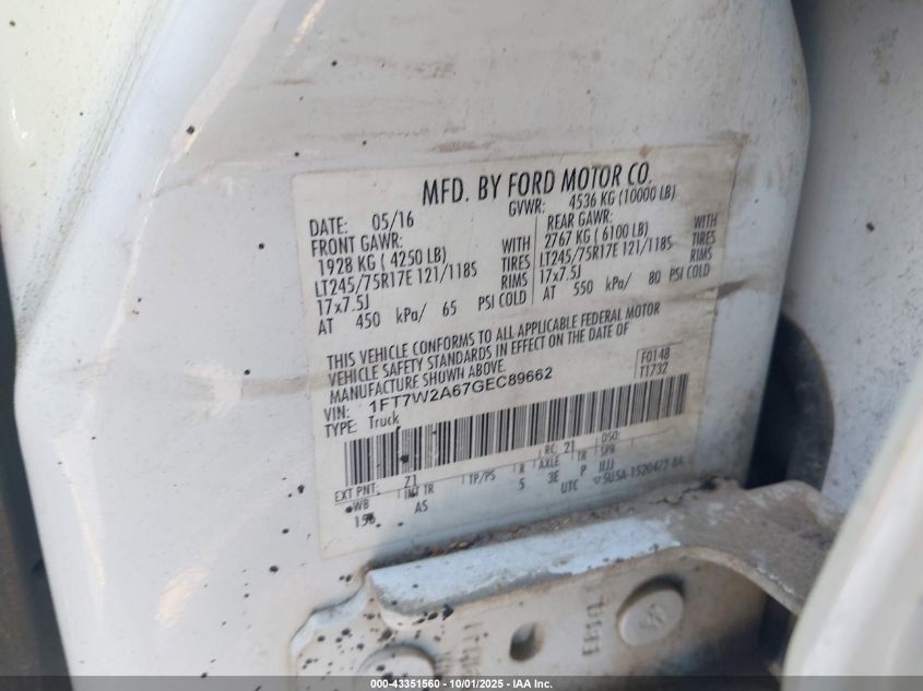 2016 Ford F-250 Xl VIN: 1FT7W2A67GEC89662 Lot: 43351560